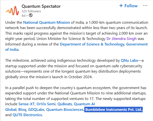 Bumblebee Instruments is proud to be one of the newly selected startups supported by the National Quantum Mission